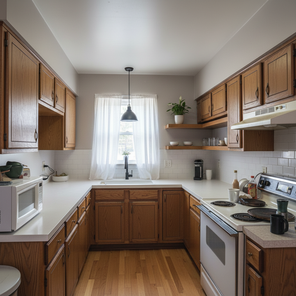 Modern kitchen with white cabinets, marble countertops, and LED lighting after AI kitchen design
